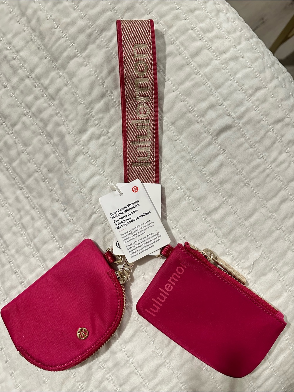 lululemon athletica fuchsia dual pouch key & card holder with logo strap